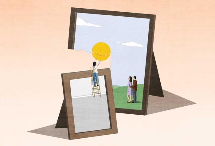 Illustration of two picture frames with a couple in one and a caregiver in another repairing the sun